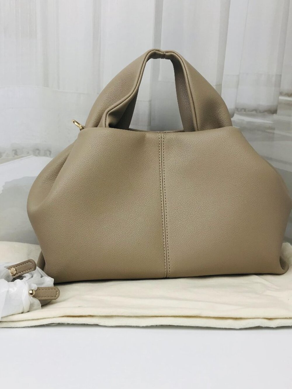 Polene Taupe Pebbled Leather Top-Handle Tote